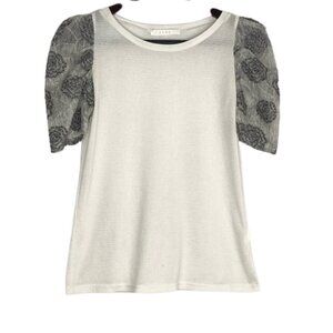 Flat Puff Shoulder Rose Embroidered Gauzy Blouse